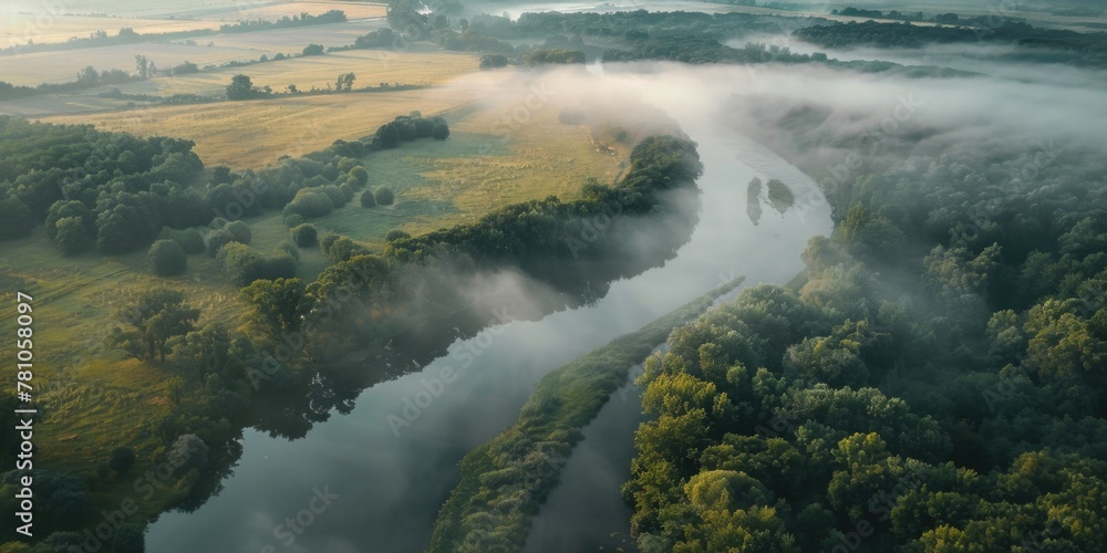 Poster scenic view of a river flowing through a vibrant green forest. ideal for nature and travel concepts