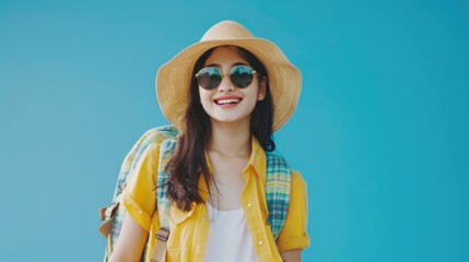A woman wearing a hat and sunglasses. Suitable for fashion and summer themed designs