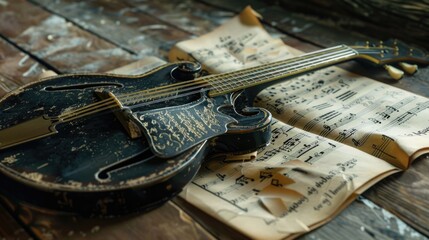 A guitar placed on top of a music sheet. Perfect for music-related designs