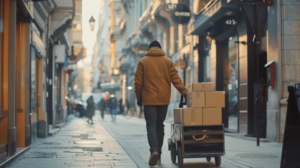 A man walking down a street with a cart full of boxes. Suitable for logistics and delivery concepts - obrazy, fototapety, plakaty