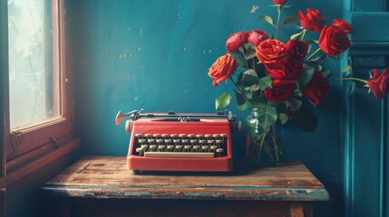A vintage red typewriter placed on a wooden table, suitable for various writing or office concepts