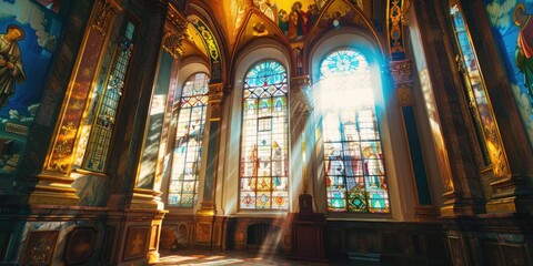 Sunlight shining through colorful stained glass windows in a church. Ideal for religious or spiritual concepts