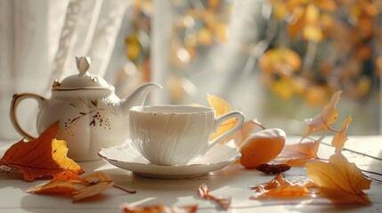 Fototapeta premium Tea pot and cup on table, perfect for home decor