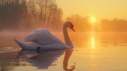 Fototapeta premium A beautiful white swan gracefully floating on calm water. Perfect for nature and wildlife concepts