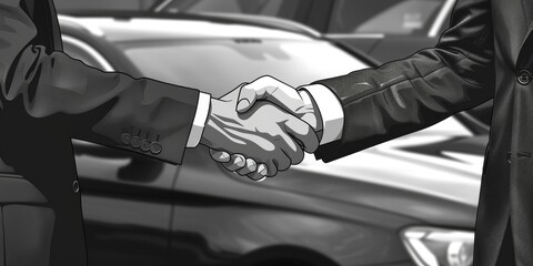 Two men shaking hands by a car, ideal for business concepts