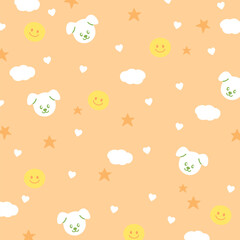 Vector illustration of puppy, cloud and hearts on a pastel orange background for animal wallpaper, pet, dog, vet, adoption, rescue, backdrop, ad template, fabric print, kid clothes, fashion, textile