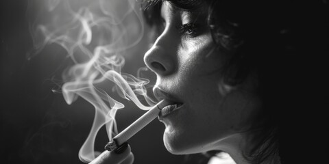 Obraz premium Woman smoking in dark room, suitable for addiction concept