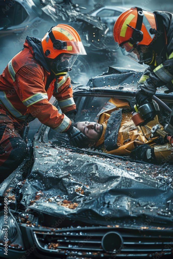 Aufkleber two firemen working on a car. suitable for automotive and emergency services concepts