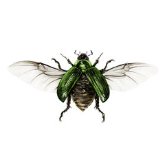 Beetle vintage style watercolor illustration. Hand painted beautiful green bug element. Vintage style beetle with spread wings.