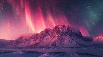 A majestic mountain range under the soft glow of the aurora borealis, with a clear, starry sky above