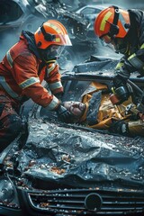 Two firemen working on a car. Suitable for automotive and emergency services concepts