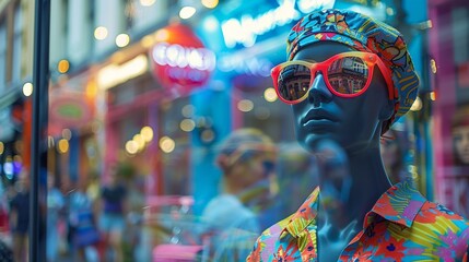 A mannequin in a shop window, the reflection showing a vibrant life that contrasts with its static existence - obrazy, fototapety, plakaty