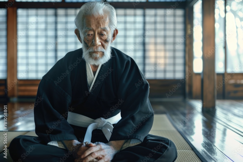 Poster a man sitting on a mat in a room. suitable for lifestyle and meditation concepts