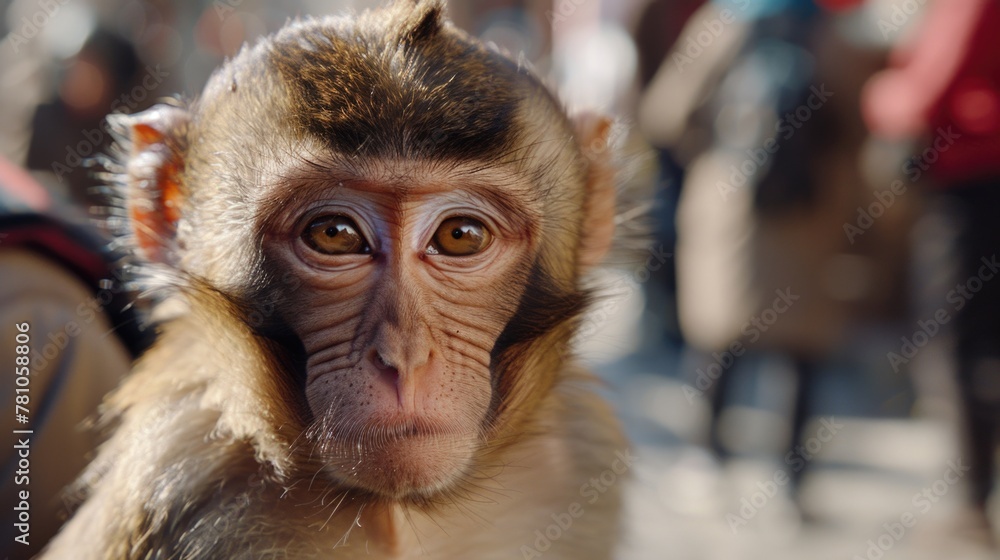 Poster Close up of a monkey's face with people in the background. Suitable for various nature and wildlife concepts