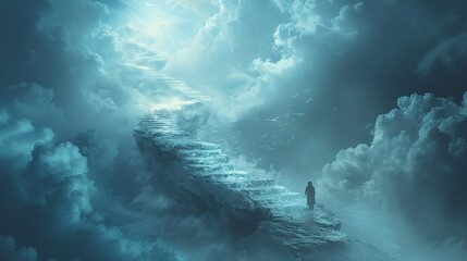 An endless staircase spiraling into the clouds, with a figure endlessly ascending, never reaching the top, birds flying around in a gloomy sky
