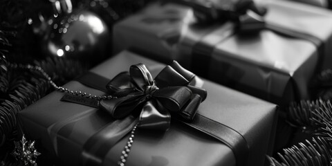 Black and white image of presents wrapped in silver paper. Great for holiday designs - Powered by Adobe