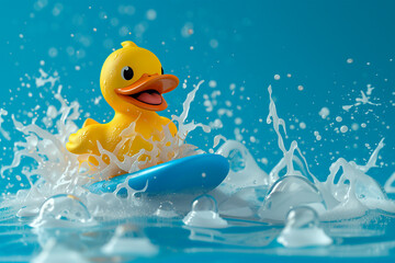 rubber duck surfing on surfing board, blue space for copy