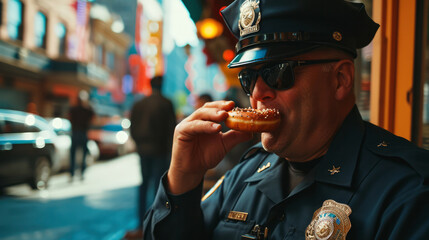 Fat cop is eating a donut.