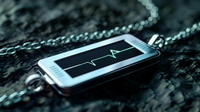 A small rectangular device attached to a necklace displaying ECG data in realtime and offering customizable alerts.
