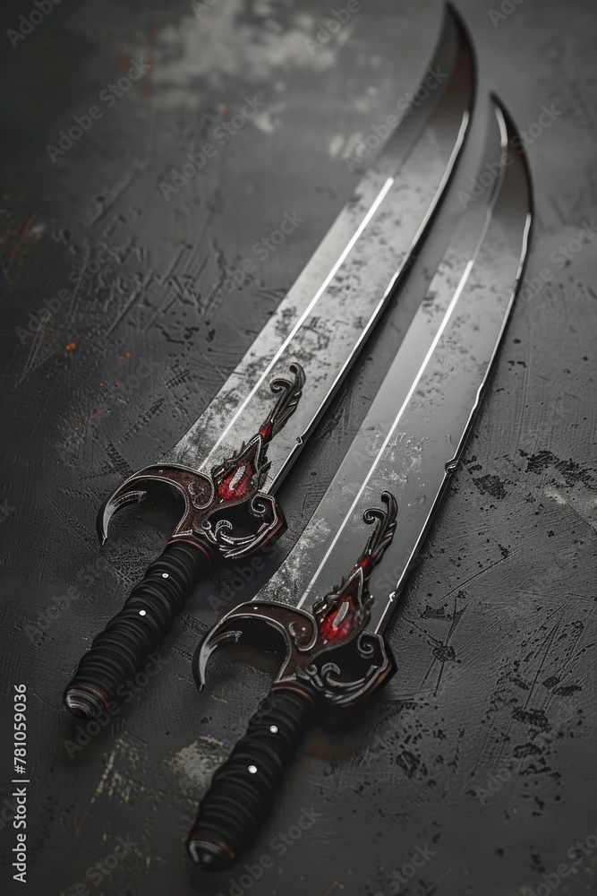 Poster two knives placed on a table with a black background. suitable for culinary or crime scene themes