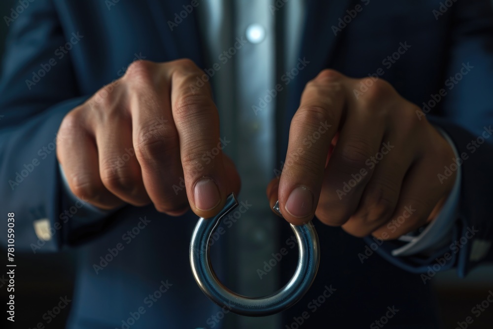 Poster a man in a suit holding a pair of scissors. suitable for business concepts