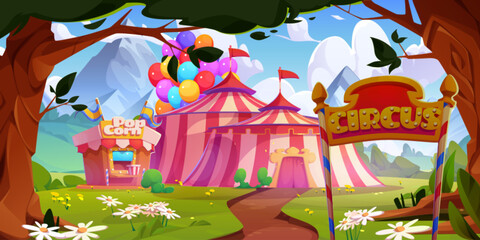 Circus tent and popcorn stall in forest near mountains. amusement park with entrance and path to carnival entertainment. Cartoon vector illustration of travel fun fair theater arena outdoor. - obrazy, fototapety, plakaty