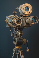 An old movie camera mounted on a tripod, suitable for film production projects - obrazy, fototapety, plakaty