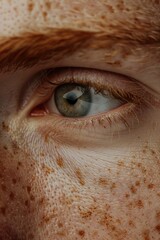 Close up of a person's eye with freckles. Suitable for beauty and eye care concepts