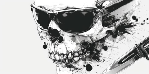 Illustration of a skull wearing sunglasses and holding a knife. Suitable for dark or edgy themed projects