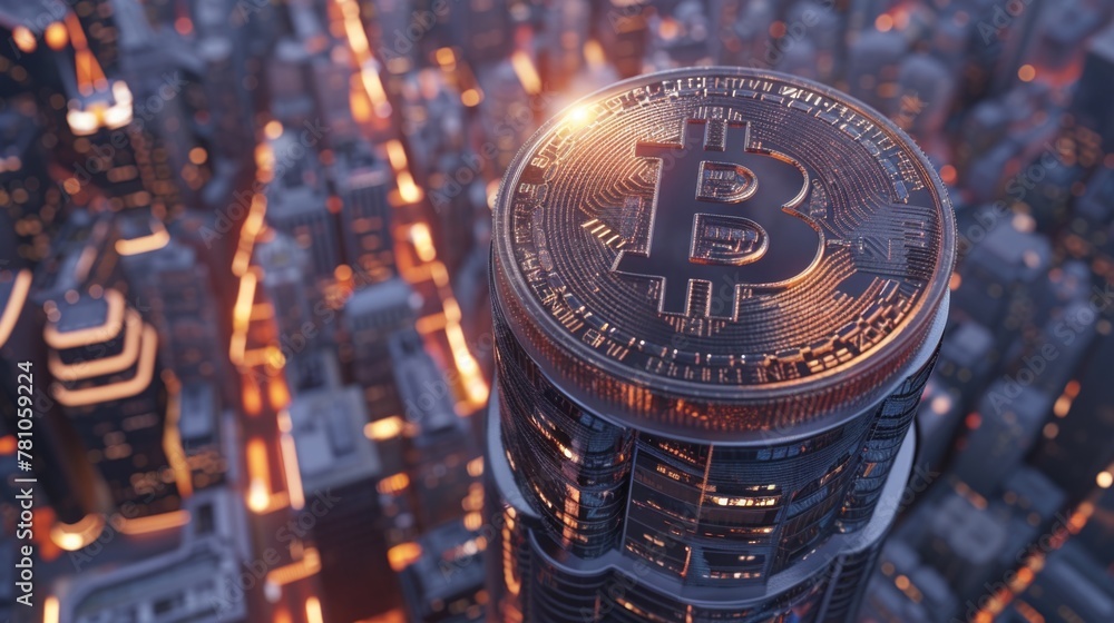 Poster a bitcoin sitting on top of a tall building. suitable for cryptocurrency concepts