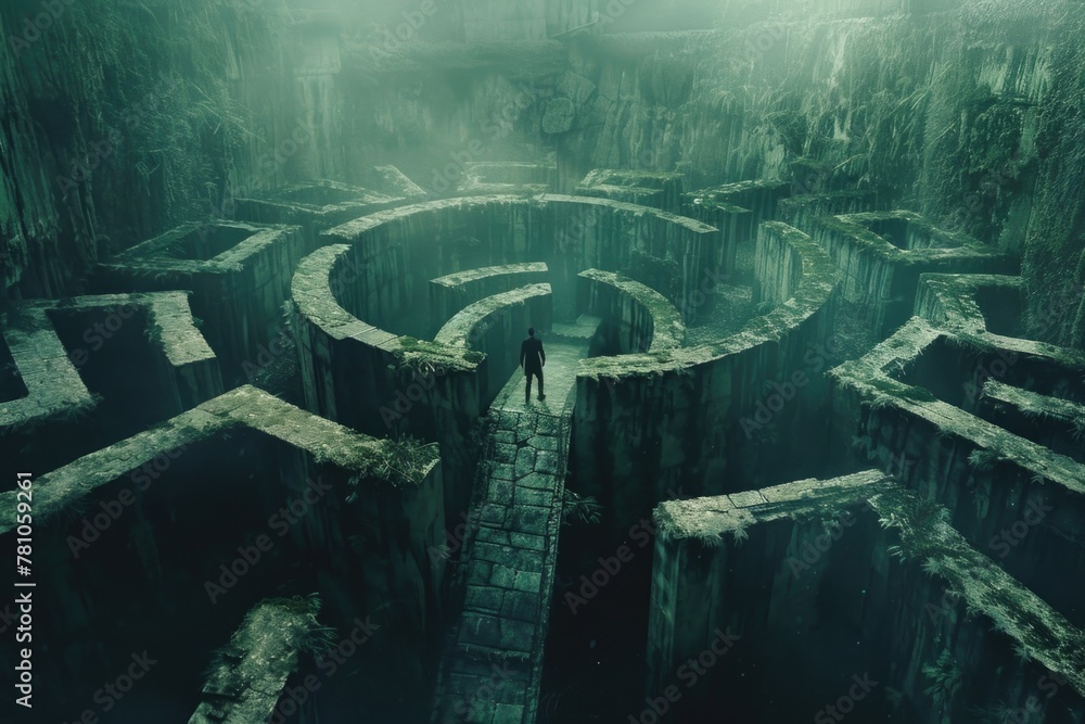 Poster a man standing in a maze in the middle of a forest. suitable for outdoor adventure concepts