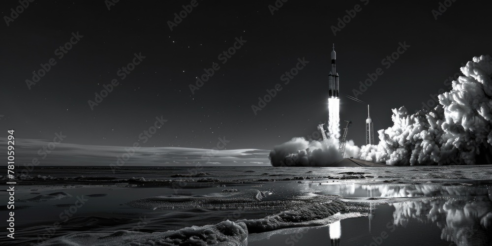 Poster a dramatic black and white image of a rocket taking off. perfect for science and technology concepts