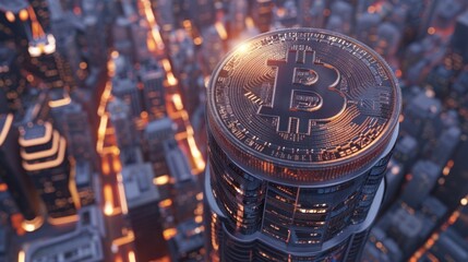 A bitcoin sitting on top of a tall building. Suitable for cryptocurrency concepts