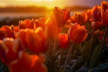 Fotobehang Orange tulips in the field at sunset. Close-up. © korkut82