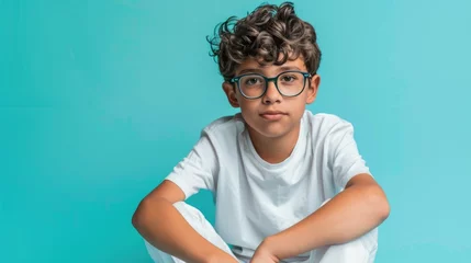 Foto op Aluminium A young boy with glasses sitting on the floor. Suitable for educational or lifestyle concepts © Fotograf