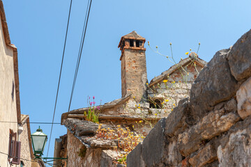 Old stone building from low point of view with chimney and weeds growing on roof.