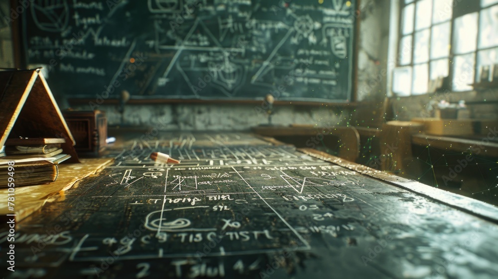 Poster a blackboard with writing in a classroom, suitable for educational concepts