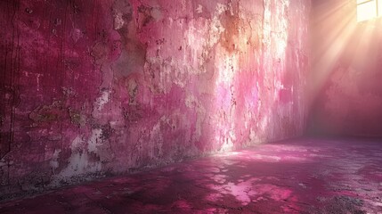   A sparse chamber boasting a vibrant magenta wall and illumination originating through a window situated adjacent to it - obrazy, fototapety, plakaty