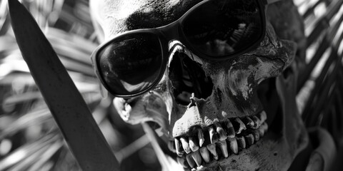 A skull wearing sunglasses with a pair of scissors - obrazy, fototapety, plakaty