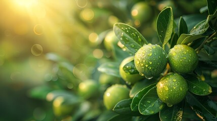   A close-up shot of an array of luscious green fruits hanging from a tree, with water droplets glistening on the foliage as the sun illuminates the - obrazy, fototapety, plakaty