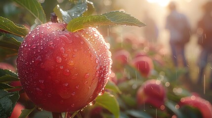   Close-up of a red apple on a tree with water droplets and people in the background