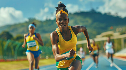 An jamaican woman athlete running on the track