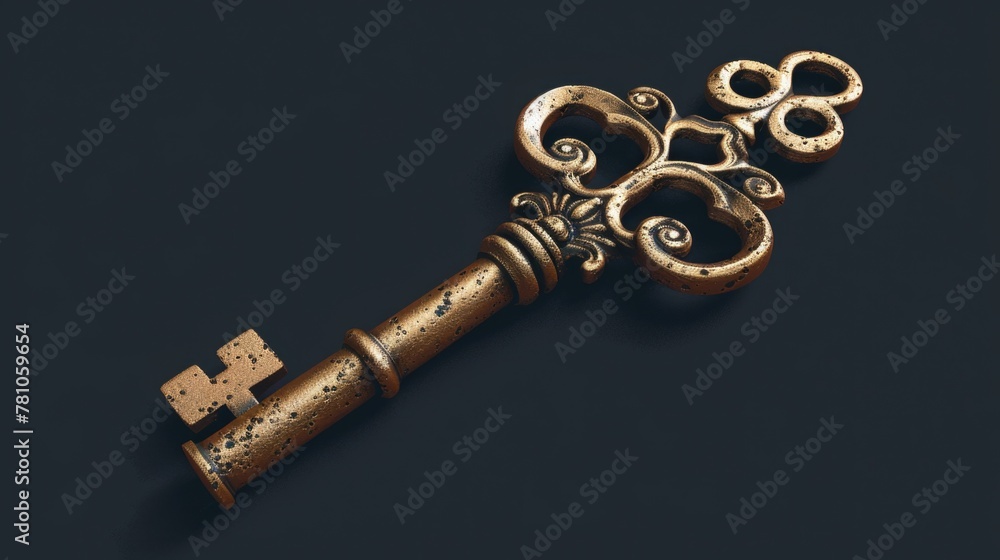 Poster A shiny golden key placed on a sleek black surface. Ideal for concepts of security and access control