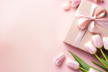 Mother's Day concept. Top view photo of stylish pink giftbox with ribbon bow and bouquet of tulips on isolated pastel pink background with copyspace Generative AI - obrazy, fototapety, plakaty