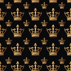 A striking pattern of gold crowns on a black backdrop. Ideal for royal-themed designs