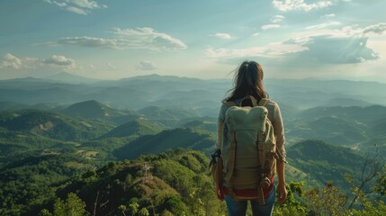 A woman standing on top of a mountain with a backpack. Suitable for outdoor and adventure concepts