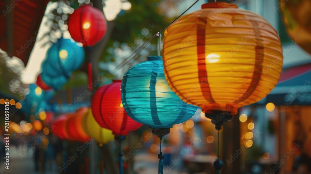 Poster Row of colorful paper lanterns hanging from a string. Ideal for festive decorations