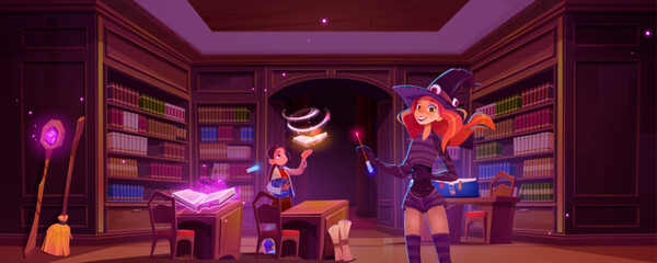 Naklejka premium Magic library with wizard and witch students, flying glowing books and wands, bookshelves and wooden desks. Cartoon vector illustration of fantasy fairy tale or game mystery education room interior.