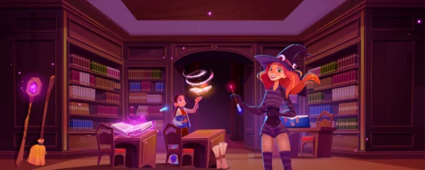 Foto op Plexiglas Magic library with wizard and witch students, flying glowing books and wands, bookshelves and wooden desks. Cartoon vector illustration of fantasy fairy tale or game mystery education room interior. © klyaksun