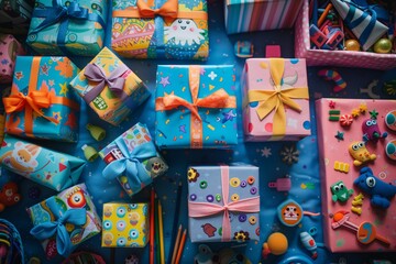 Fototapeta premium Sea of colorful gift boxes with various patterns, ribbons, and playful characters, scattered amidst toys and craft supplies, a feast for young eyes.